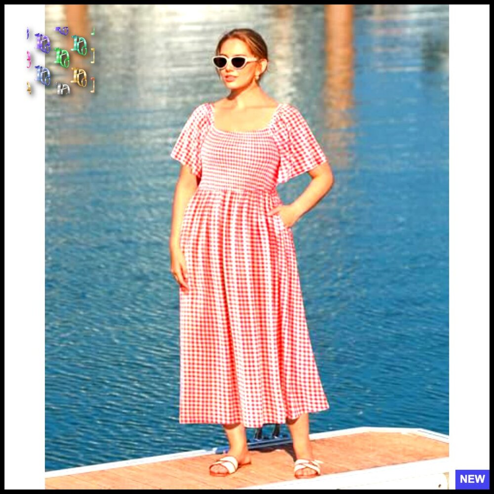 Square Neck Short Sleeve Smocked Maxi Dress Floral A-Line Plus Size Pocket - Picture 4 of 5